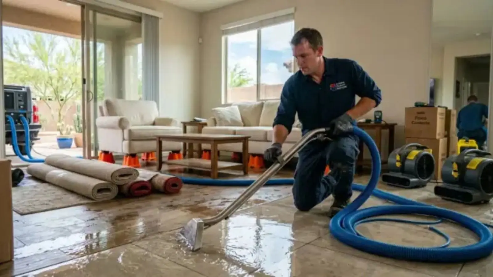 Restoration technician extracting water from a living room floor with a wand and hose, with air movers and lifted rugs nearby